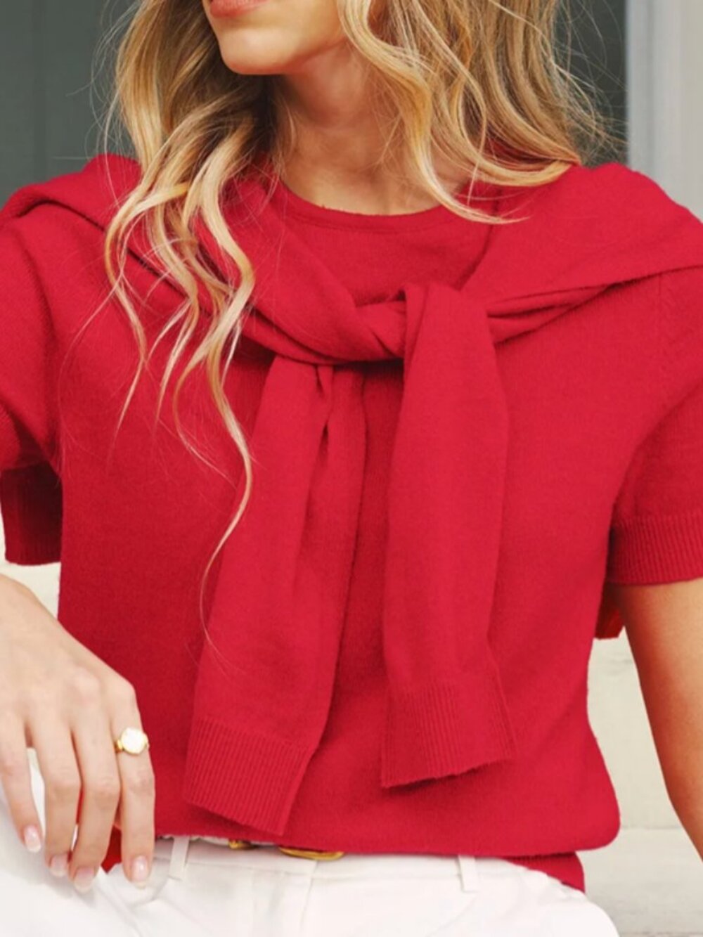 Commense Wool Blend Scarf Detail Knit Short Sleeve Top S